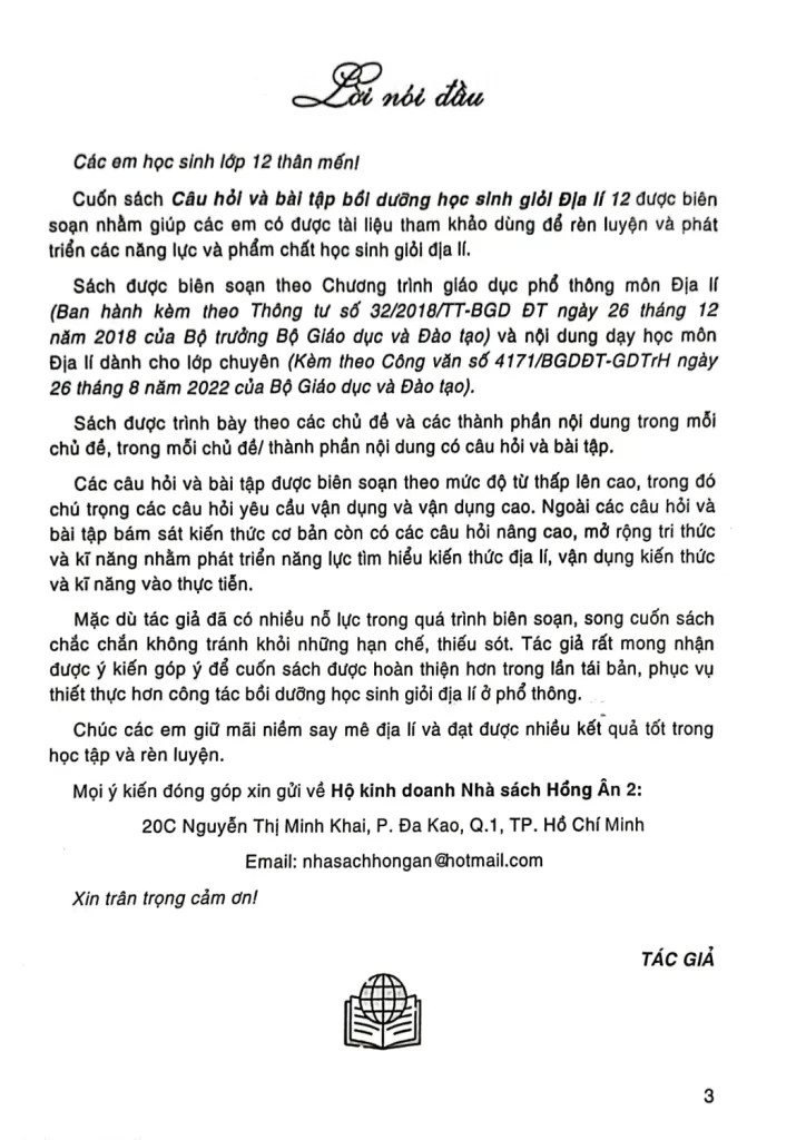 CÂU HỎI VÀ BÀI TẬP BỒI DƯỠNG HỌC SINH GIỎI ĐỊA LÍ LỚP 12 (Biên soạn theo chương trình GDPT mới)